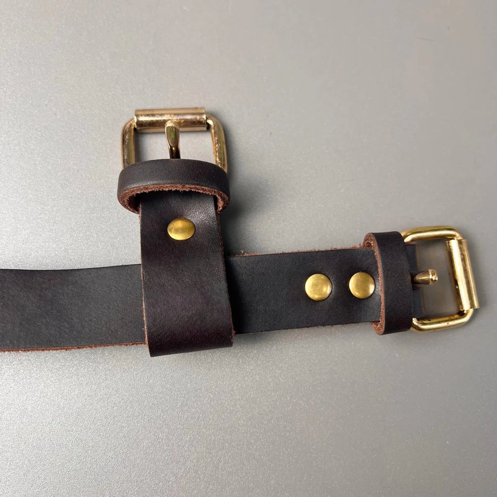 Attache pour chein en cuir foncé avec des attaches en or. Image produit Boutiquechien