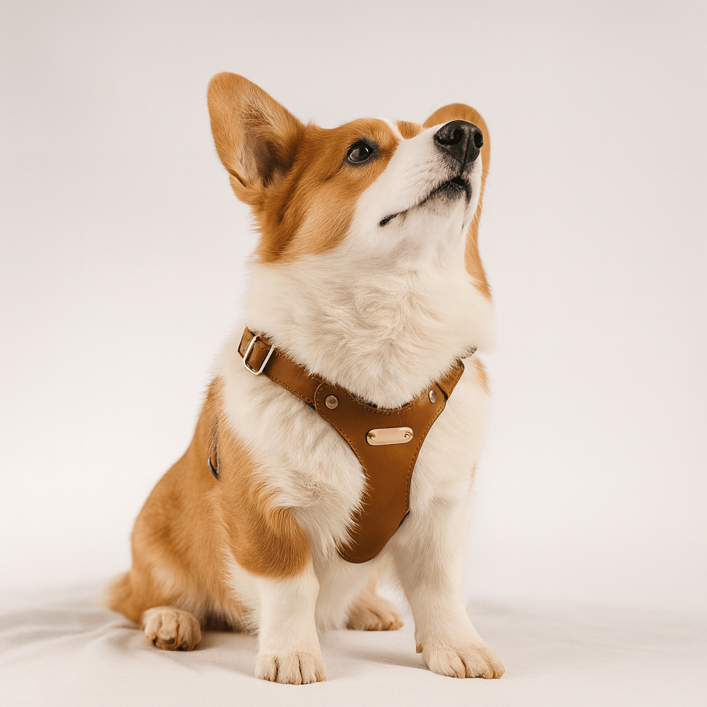 Harnais pour petit chien en cuir de couleur brun sur un corgi de couleur brun et blanc. image produit de boutiquechien