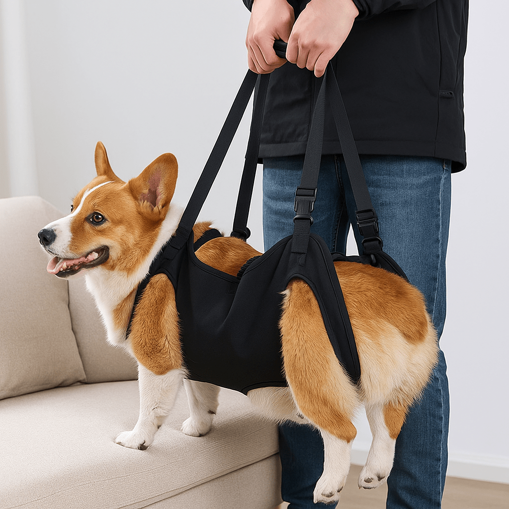 Chien se faisant lever par un harnais de levage de couleur noir dans un salon. Image produit Boutiquechien