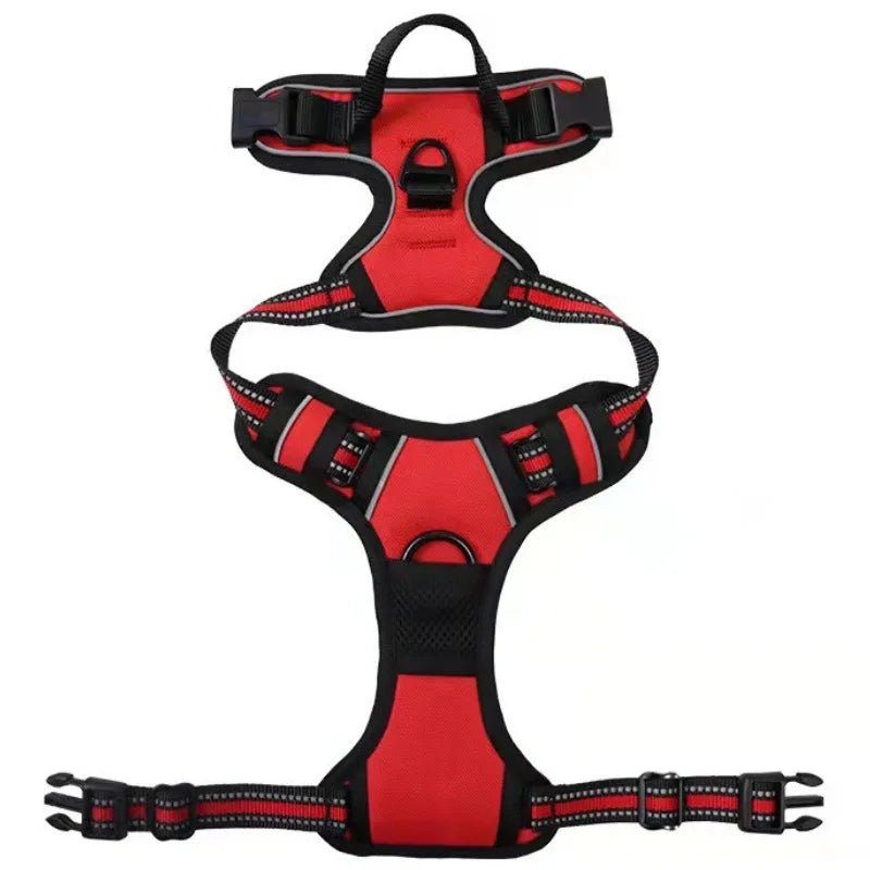 Harnais de sécurité pour petit chien de couleur rouge et noir avec des bandes lumineuse. Image produit Boutiquechien
