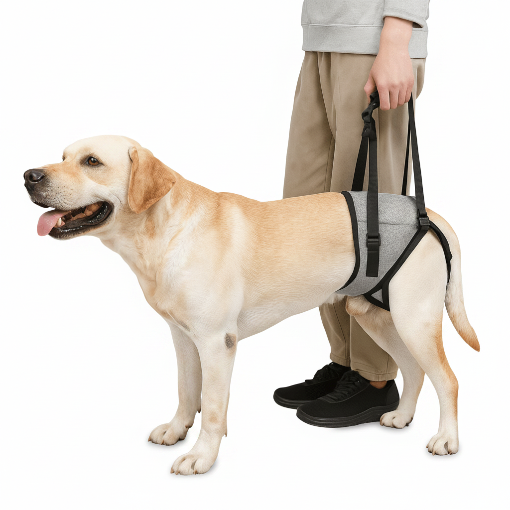 harnais de maintient pour chien de couleur gris et noir tenant un gros chien de couleur blanc. Le chien est tenu par un homme habillé en gris et kaki avec des chaussures noir. Ils sont dans un salon de couleur claire avec un tapis blanc, un canapé gris et une plante verte. Image produit Boutiquechien
