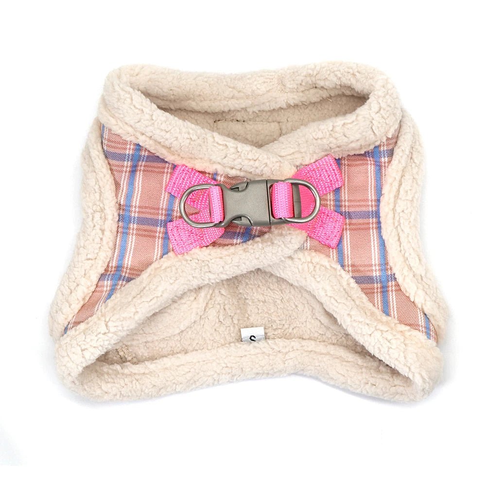 Attache du harnais chihuahua rembourré de couleur rose vue du dessus. Image produit Boutiquechien