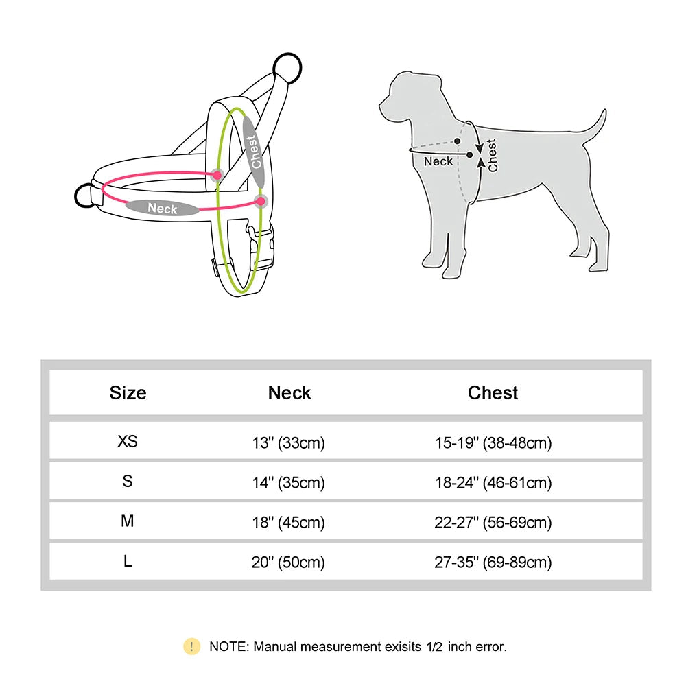tableau montrant toutes les tailles du harnais pas cher pour gros chien