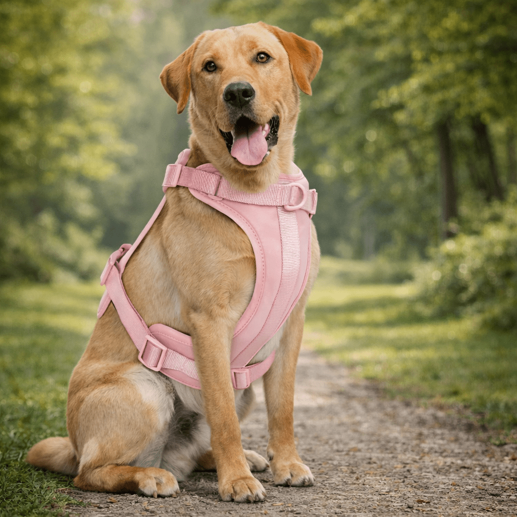 Harnais gros chien rose sur un gros chien de couleur claire dans une forêt verte
