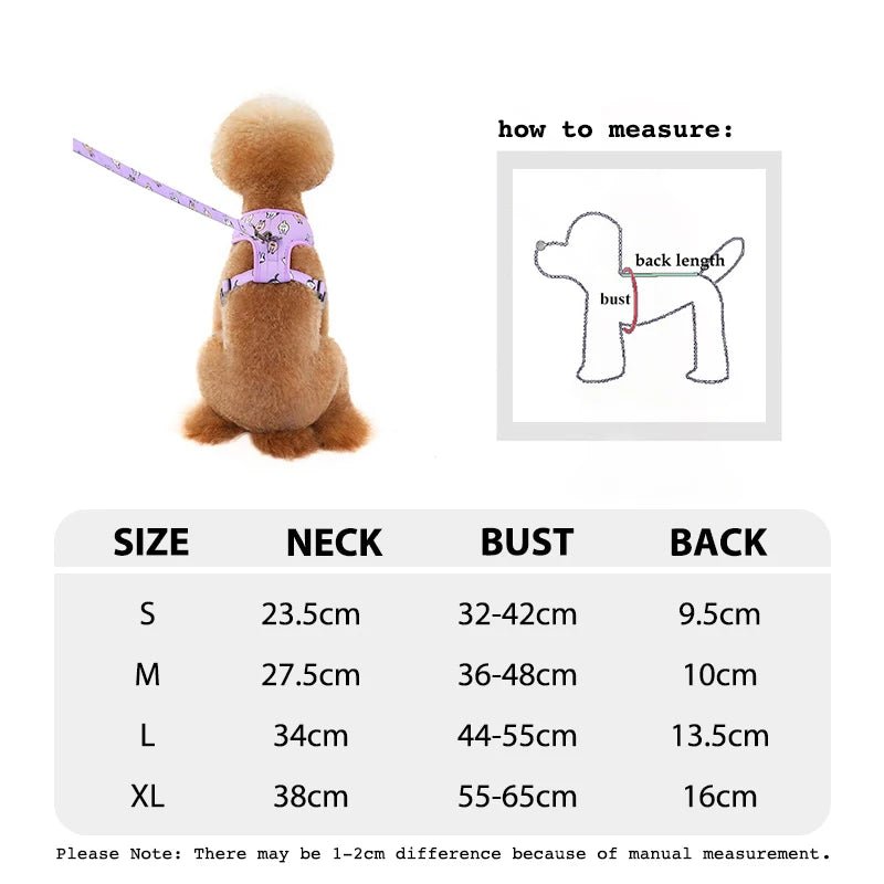 Tableau des tailles du petit harnais avec laisse violet fantome de boutiquechien en forme de tableau