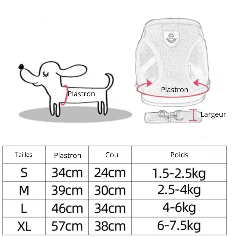 Dimensions total du harnais chien nylon de boutiquechien