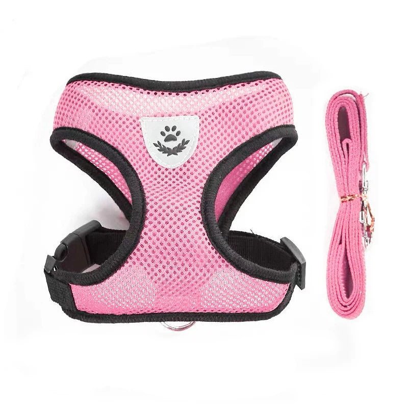 Harnais pour chien en nylon respirant de couleur rose claire avec laisse assortie. Image produit Boutiquechien 