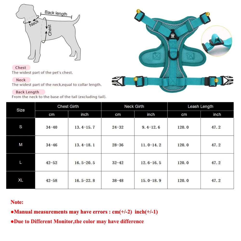 Toutes les tailles du harnais pour chihuahua en forme de tableau. Image produit Boutiquechien