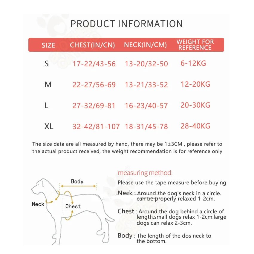 tableau total des dimensions total du harnais pour chien de boutiquechien