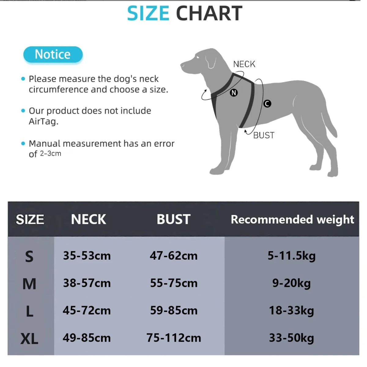 dimension du harnais pour chien suivant un tableau de S à XL 