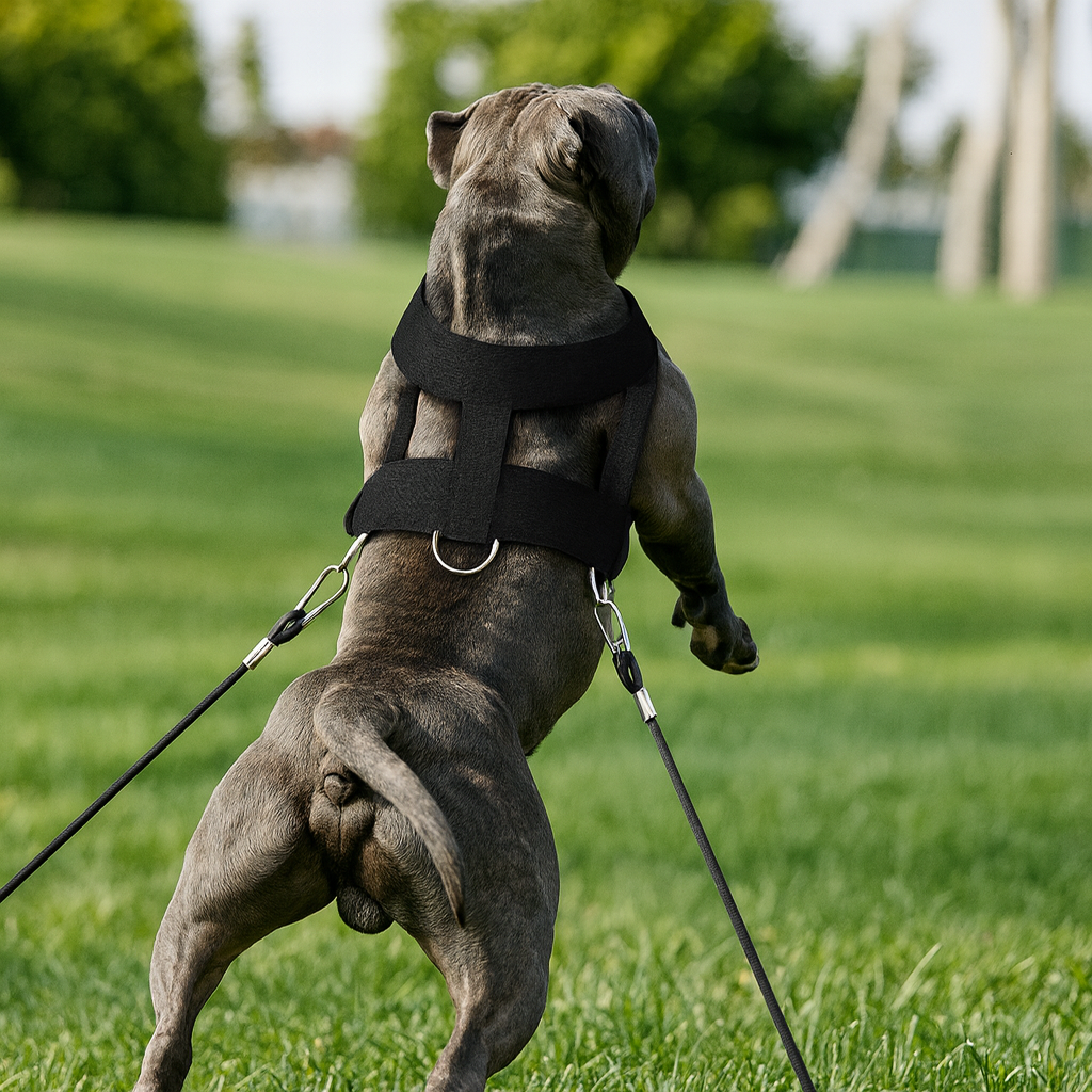 harnais pour chien anti traction de couleur noir rembourré et renforcé avec en fond un parc. Image produit de boutiquechien Image