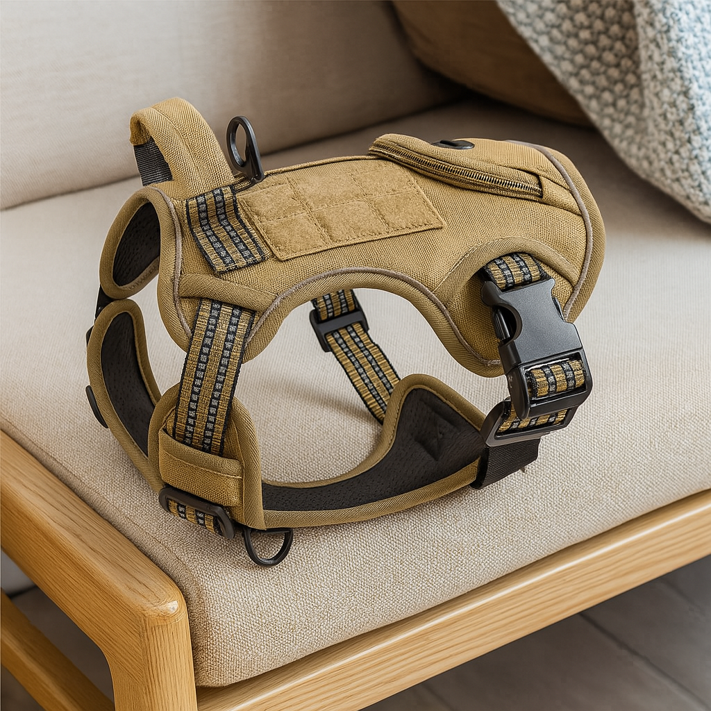 petit harnais chien de couleur beige resistant et durable pour chien de boutiquechien. Le harnais chien est posé sur un canapé claire 