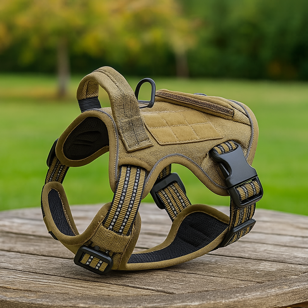 harnais chien tactique avec poche à zip posé sur une table en bois avec en fond de l'herbe et des arbres. Image produit Boutiquechien  Image