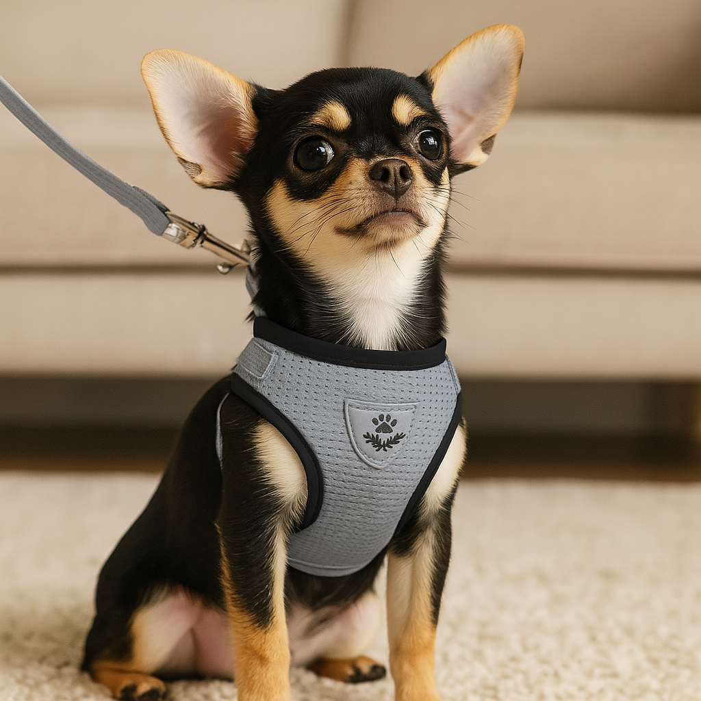 Harnais chihuahua de couleur gris en nylon sur un chihuahua de couleur noir. Le petit chien est maintenu par une laisse de couleur grise avec en fond un canapé gris. Image produit Boutiquechien Image