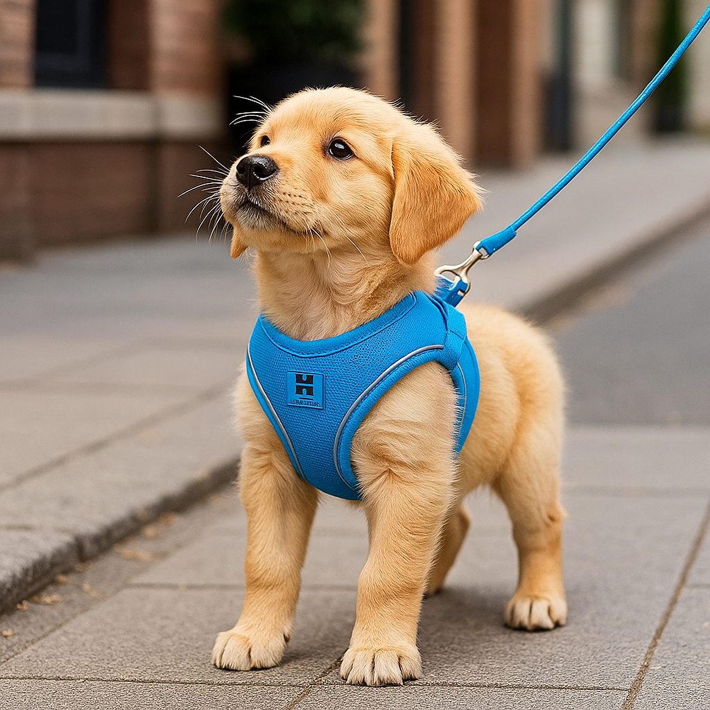 Harnais pour chiot de couleur bleu sur un chiot de couleur claire avec une ville en fond. Image produit Boutiquechien