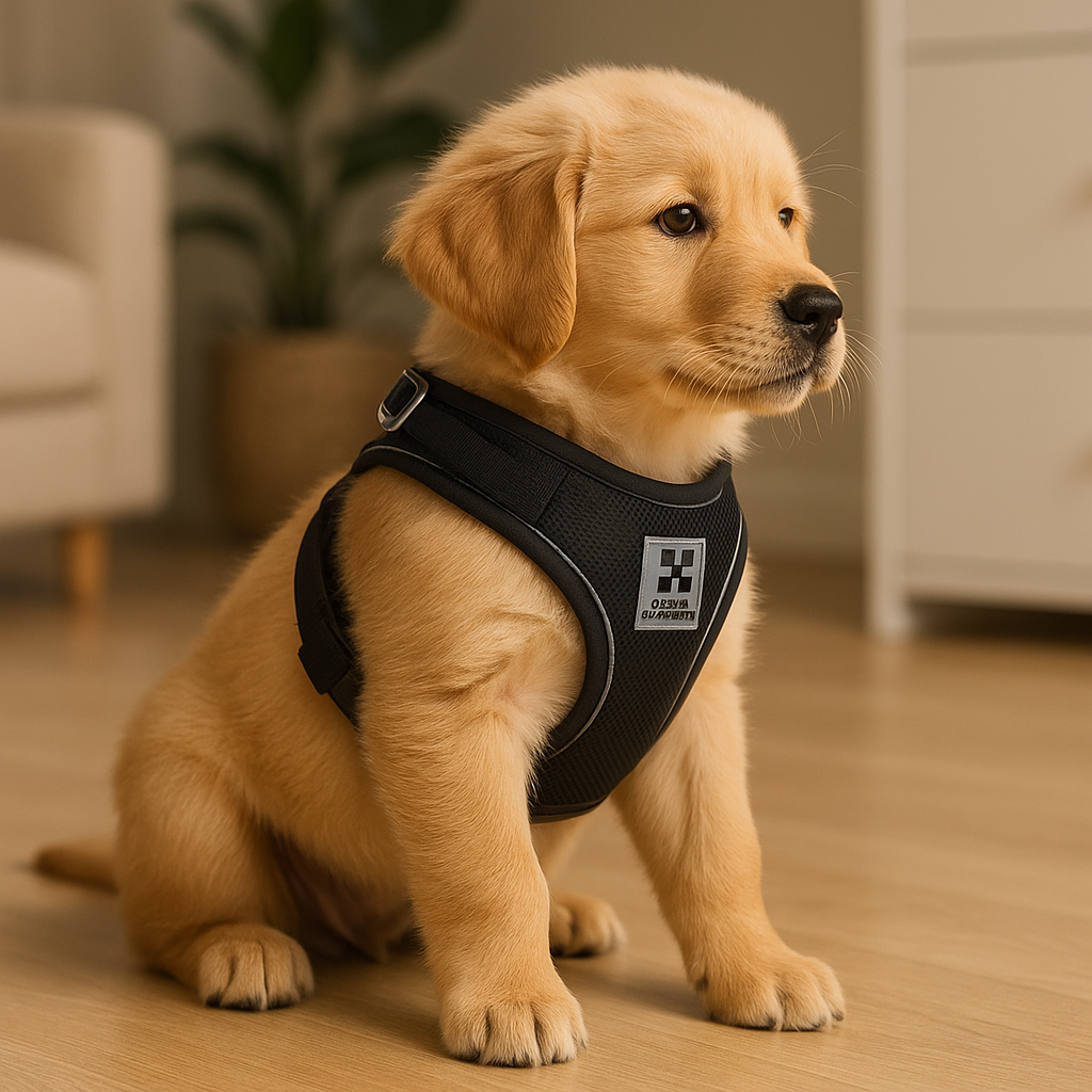 harnais pour chiot de couleur noir porté par un chiot beige dans un salon de couleur claire. Image de Boutiquechien Image