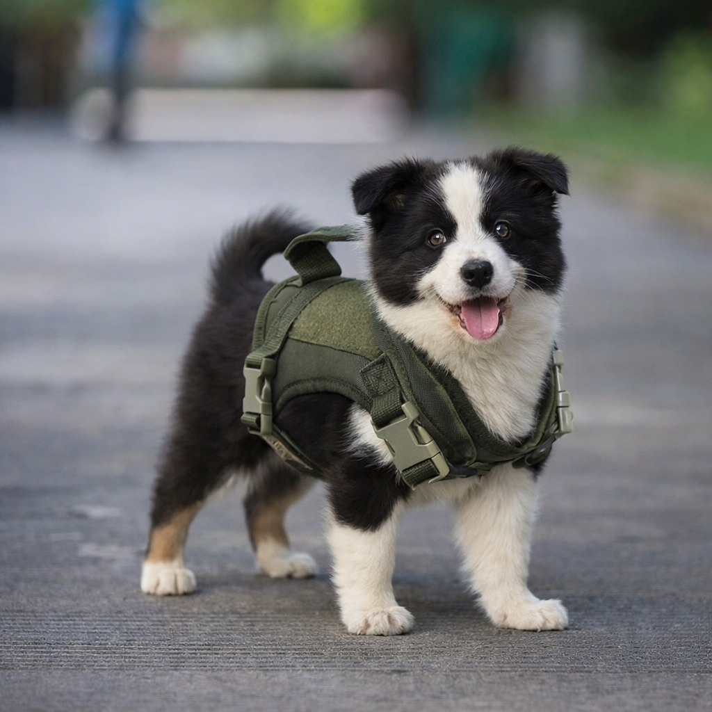 harnais chiot border collie de couleur kaki avec un chiot blanc et noir dans une rue  Image