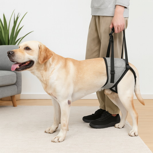 harnais de maintient pour chien de couleur gris et noir tenant un gros chien de couleur blanc. Le chien est tenu par un homme habillé en gris et kaki avec des chaussures noir. Ils sont dans un salon de couleur claire avec un tapis blanc, un canapé gris et une plante verte. Image produit Boutiquechien