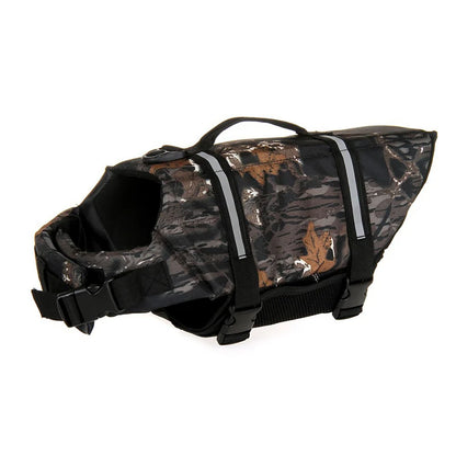 harnais de sauvetage pour chien camouflage feuille. Sur un harnais il y a une poignée de couleur noir avec des sangles noir. Image produit Boutiquechien