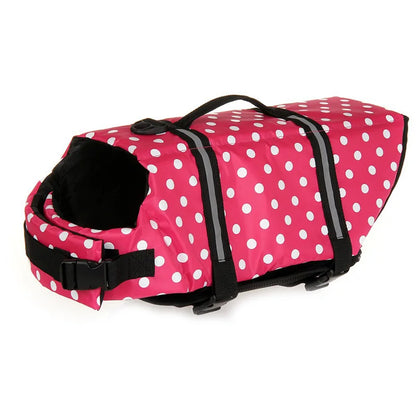 harnais de sauvetage pour chien rose à pois blanc. Sur un harnais il y a une poignée de couleur noir avec des sangles noir. Image produit Boutiquechien