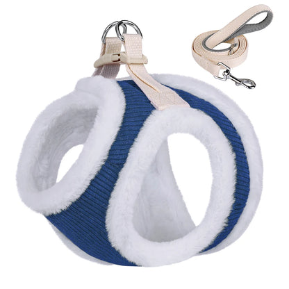 harnais doux et chaud pour petit chien bleu  avec laisse résistante 