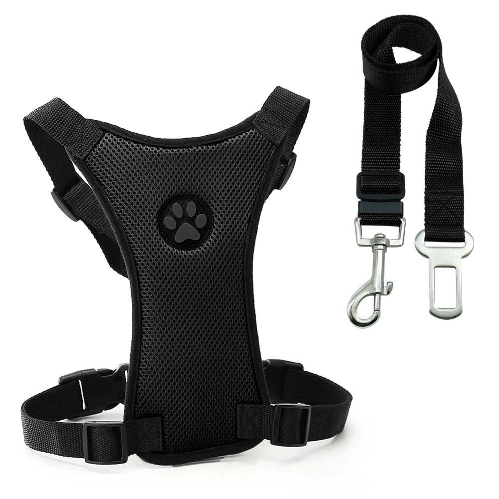 harnais et ceinture de sécurité pour voiture chien. Le harnais et la laisse sont de couleur noir. Image produit Boutiquechien