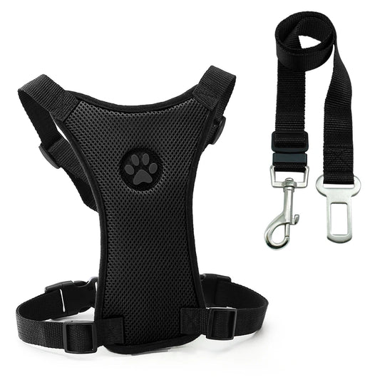 harnais et ceinture de sécurité pour voiture chien. Le harnais et la laisse sont de couleur noir. Image produit Boutiquechien