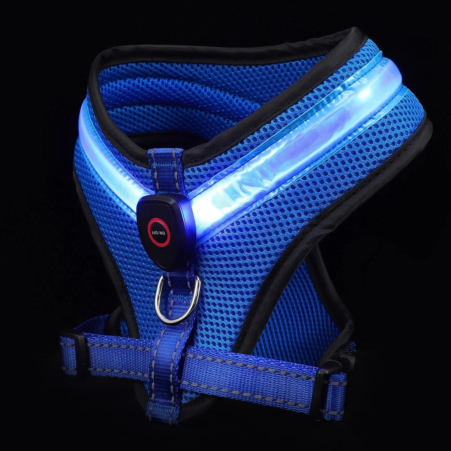 Harnais pour chien de couleur bleu et lumineux de boutiquechien. Image produit Boutiquechien