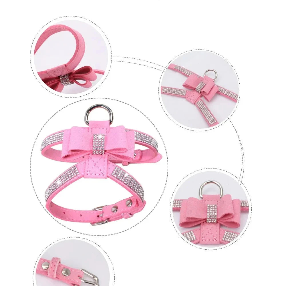Harnais pour petits chien de couleur rose avec des paillette de boutiquechien. détails complet du produit