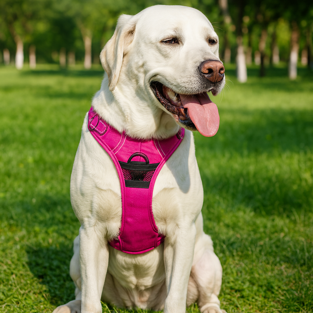 haranis de sécurité avec un gros chien de couleur blanc et avec un harnais rose. Image produit Boutiquechien