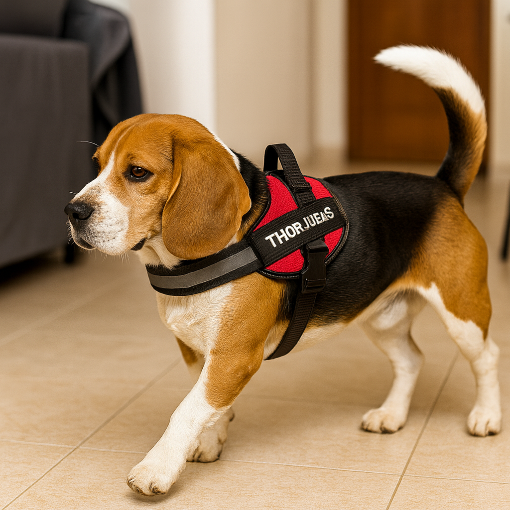 Harnais pour petit chien de couleur noir et rouge anti traction dans un salon 