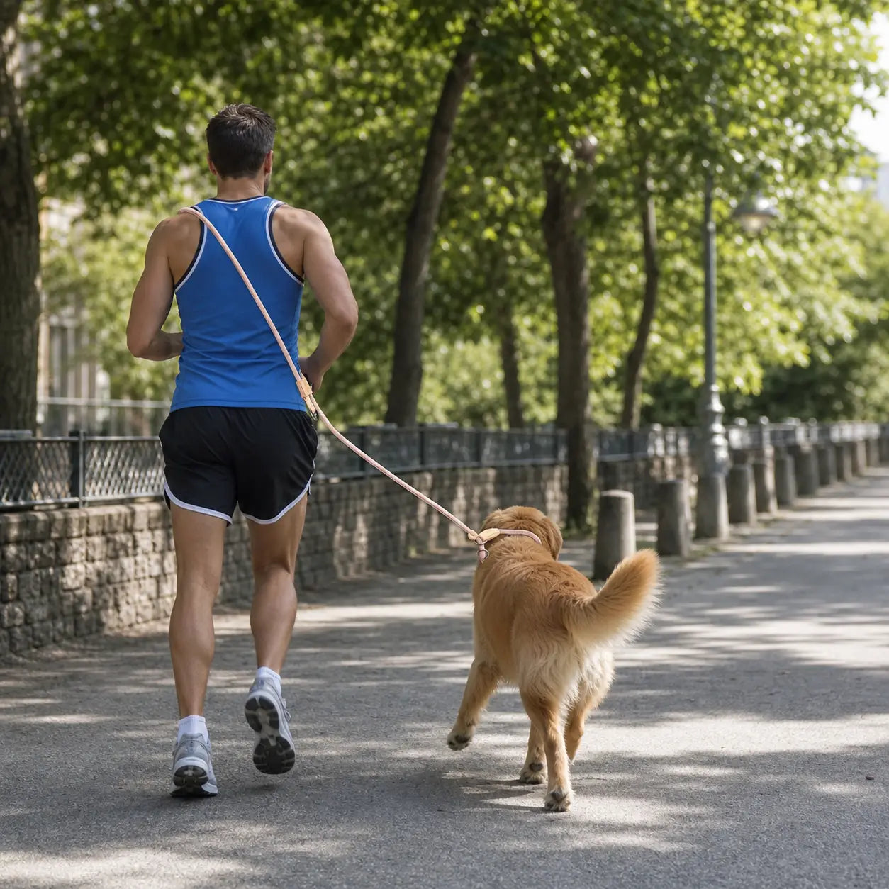homme habillé en bleu courant avec son chien claire dans la rue Image