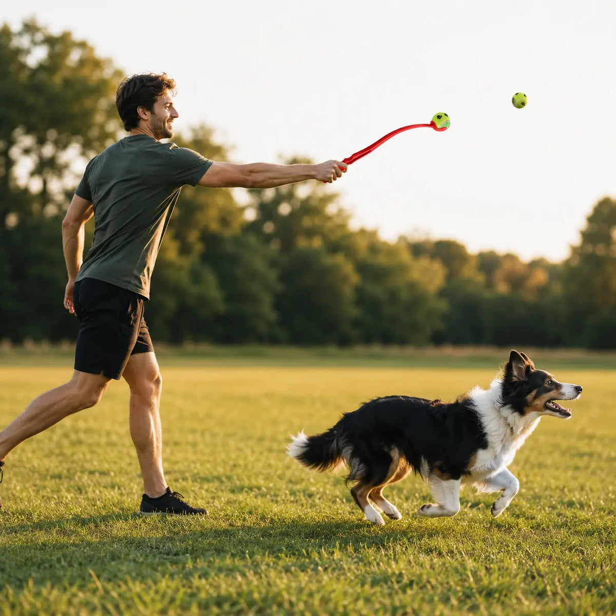 homme jouant dans un parc vert avec son chien noir et blanc Image