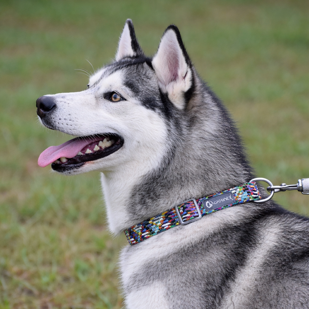 husky de couleur blanc et gris portant un collier de couleurs différentes avec en fond de l'herbe verte