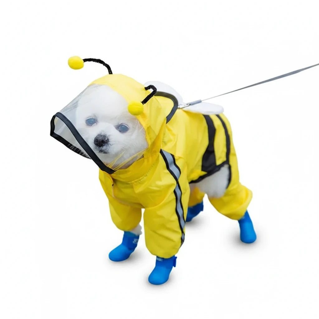 Imperméable de couleur jaune et noir en forme d'abeille dans une rue. Image produit Boutiquechien