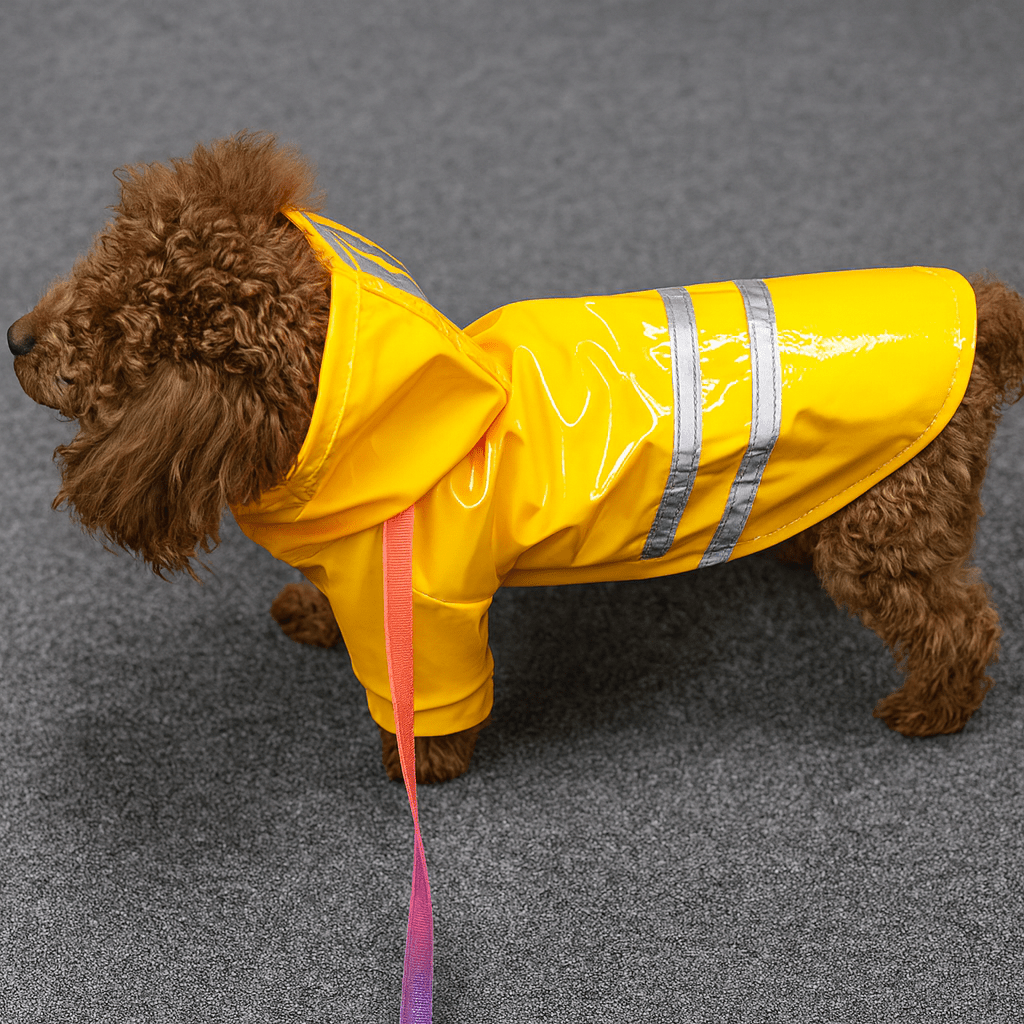 Petit imper jaune et gris sur un petit chien de couleur brun avec une laisse rose. Image produit Boutiquechien