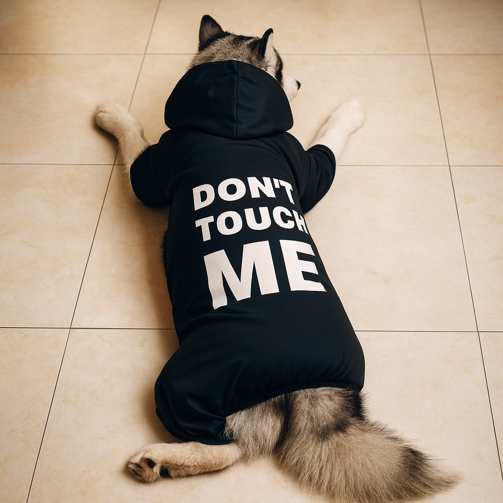 gros chien de couleur Blanc avec un imperméable de couleur noir avec écrit dessus "don't touch me". Le chien est couché par terre sur un carrelage blanc. Image produit Boutiquechien