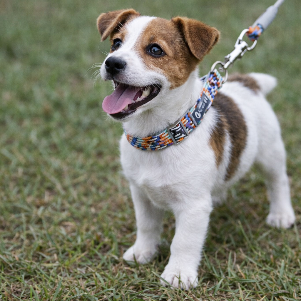 Chiot jack russel portant un collier pour chiot jack russel dans l'herbe verte 