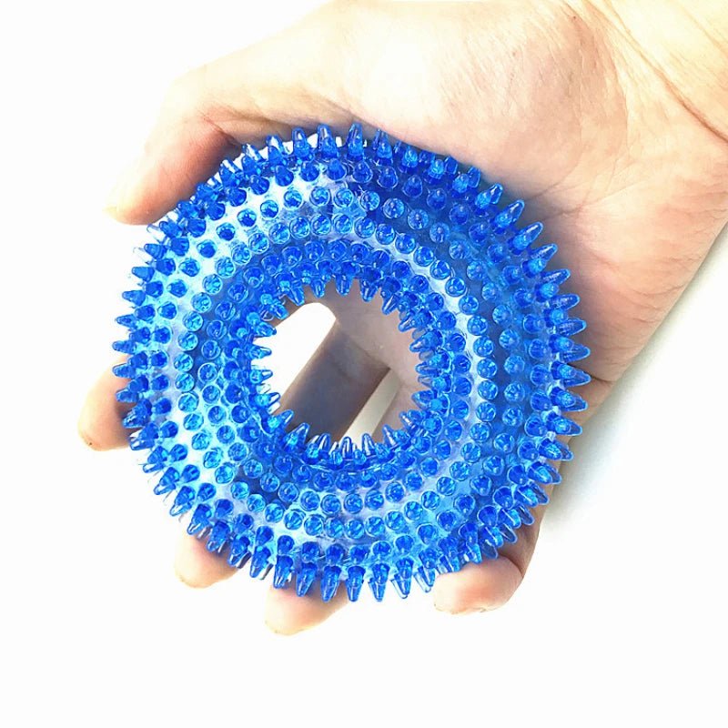 jouet durable pour chien de couleur bleu. L'anneau est dans une mains d'Homme. Image produit Boutiquechien 