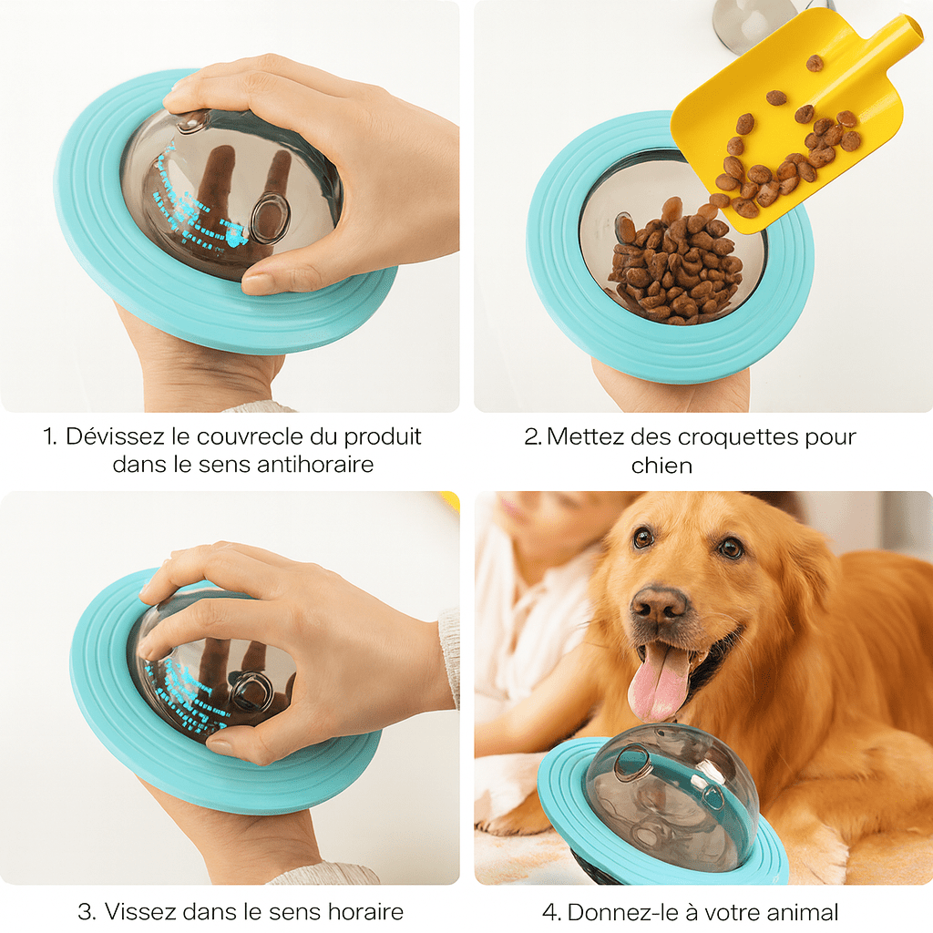 Fonctionnement du rechargement en friandise de la boule à friandise pour chien. Image produit Boutiquechien