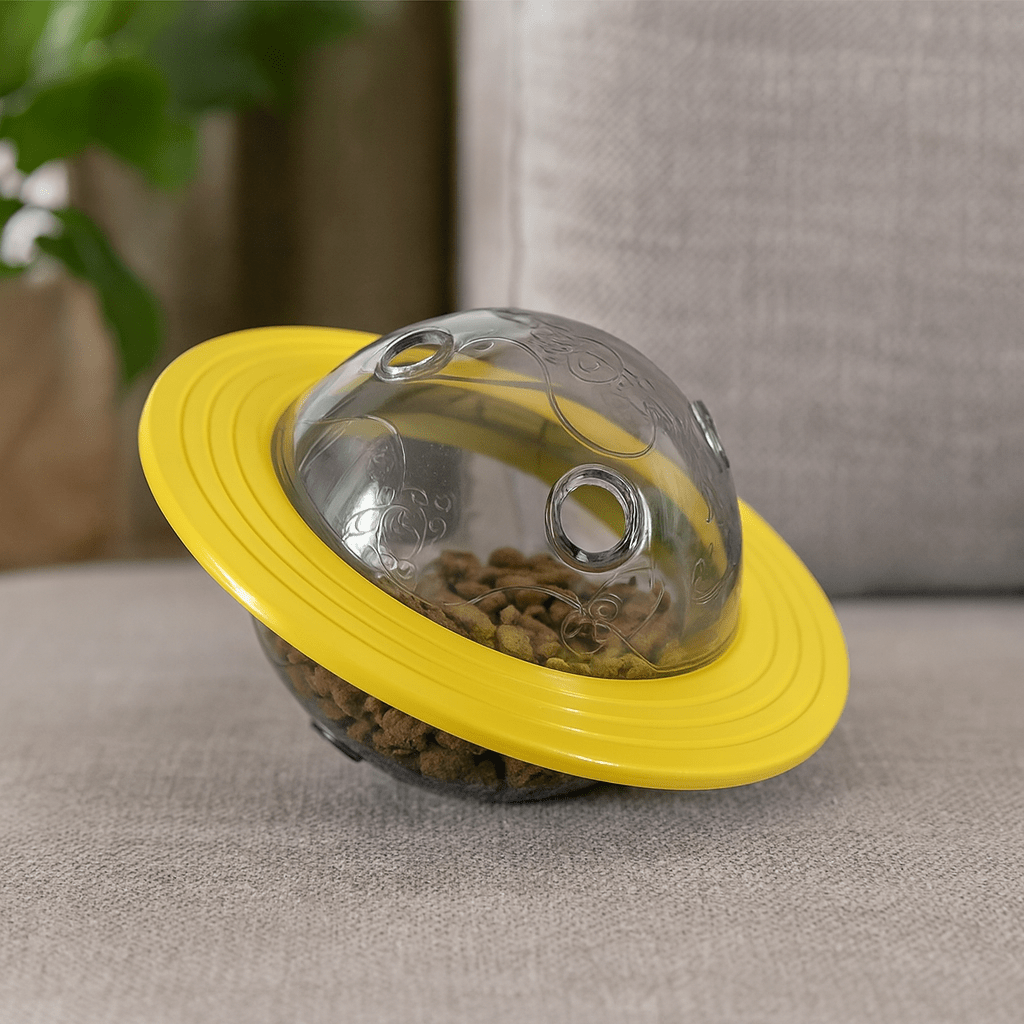 Jouet en forme de planète de couleur jaune avec des friandises dedans. Le jouet est posé sur un canapé gris avec en fond une plante verte. Image produit Boutiquechien
