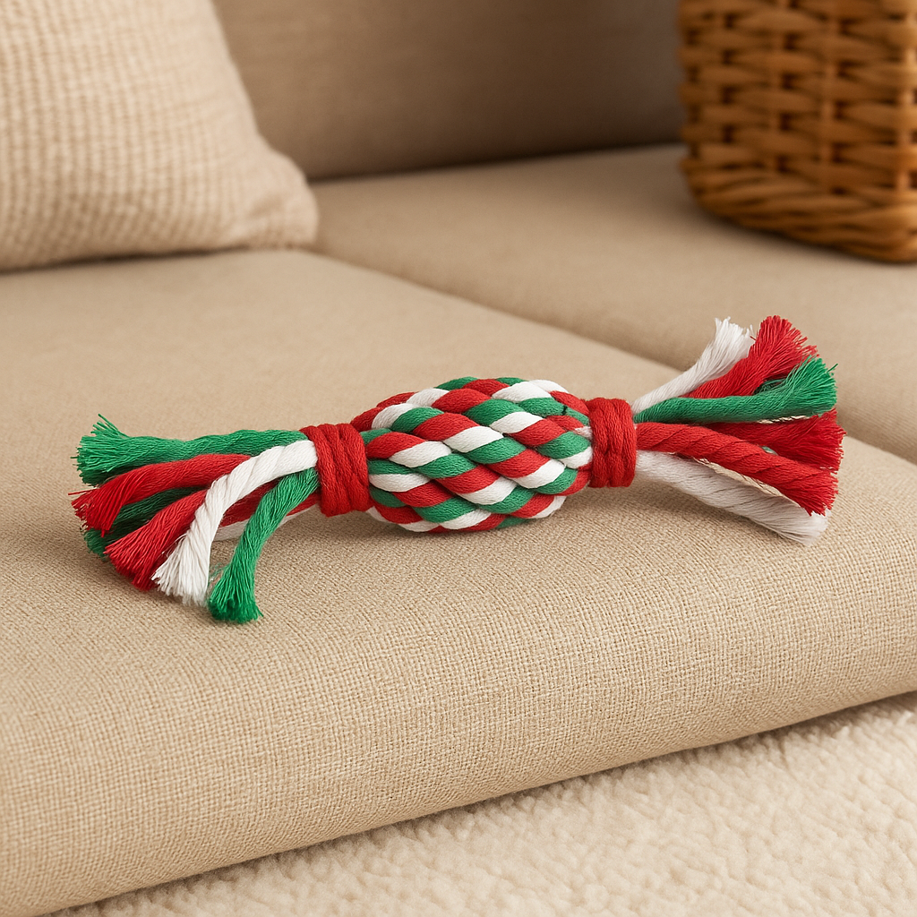 Jouet chien en corde en forme de bonbon posé un canapé de couleur blanc. Image produit Boutiquechien Image