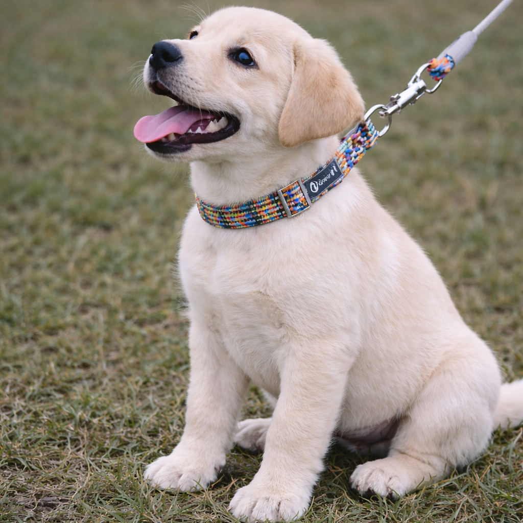 chiot labrador de couleur blanc avec un collier de couleur pour chiot 