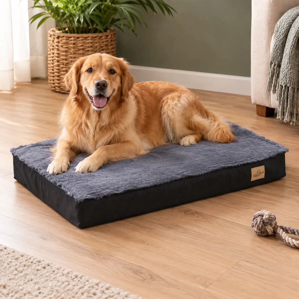 Grand chien beige couché sur panier pour chien incontient noir dans un salon de couleur clair