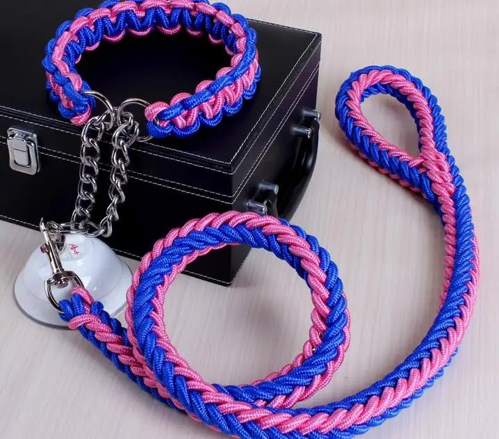 Laisse chien corde tressée de couleur bleu et rose avec en fond une boite noir sur une table claire