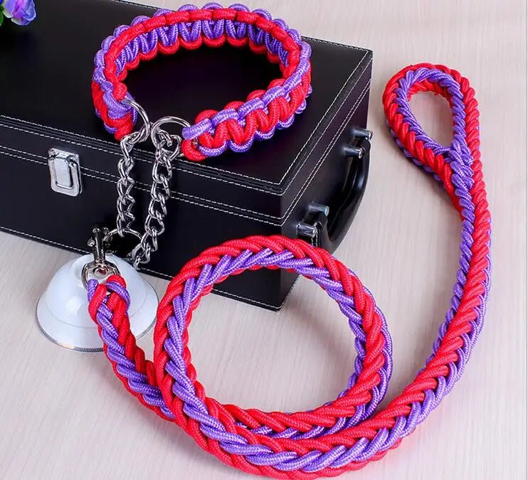 Laisse chien corde tressée de couleur rouge et violet sur une table claire près d'une boite noir