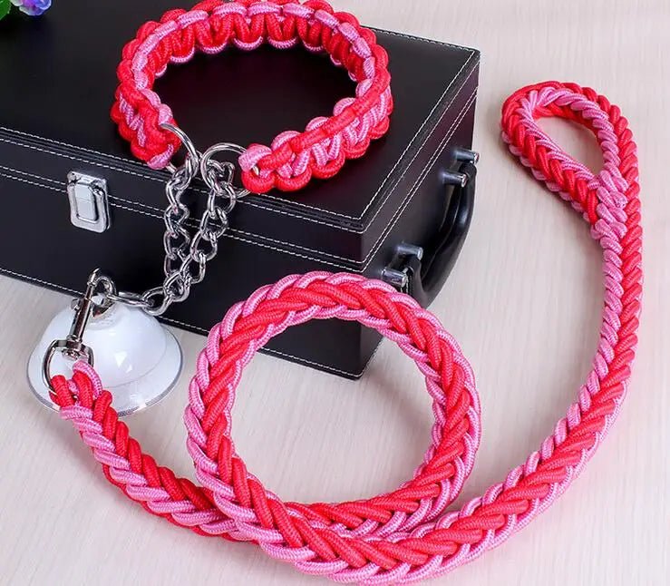 Laisse chien corde tressée de couleur rouge et rose avec en dessous une boite noir sur une table