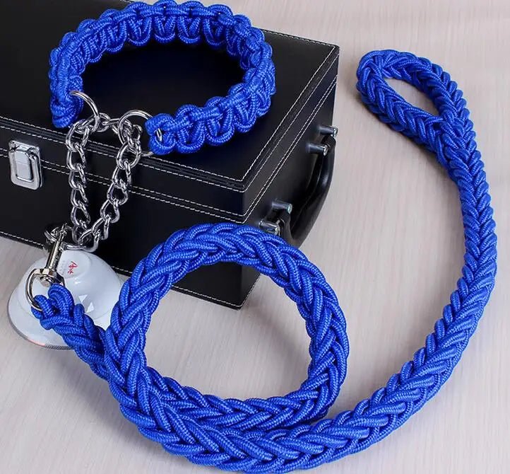 Laisse chien corde tressee  de couleur bleu pose près d'une boite noir sur une table claire