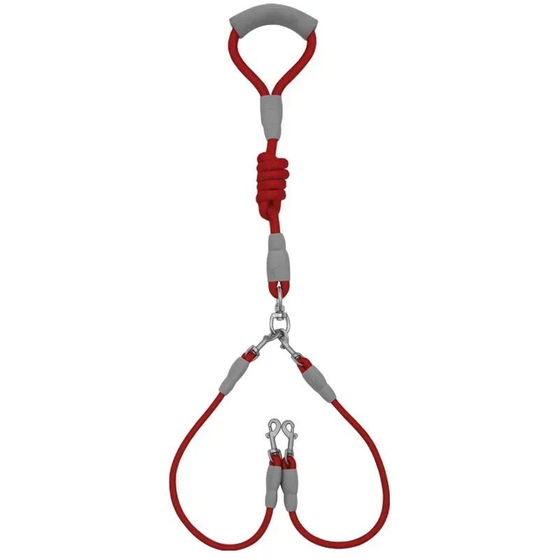 laisse double chiot résistant durable de couleur rouge. Laisse parfait pour promener deux chiens avec les poignées rembourré. Image produit Boutiquechien 