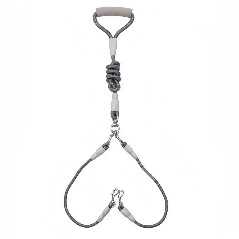 laisse double chiot résistant durable de couleur  gris. Laisse parfait pour promener deux chiens avec les poignées rembourré. Image produit Boutiquechien 